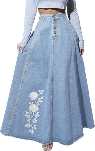 Long Flowy Embroiderd Skirts for Women A-line high-Waisted Denim Maxi Skirt Cute Jean Skirt for Women in Saudi Arabia
