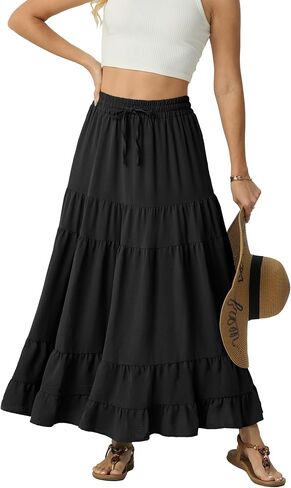 IWOLLENCE Women's Flowy Boho Elastic High Waist Maxi Skirt Floral A-Line Tiered Long Skirts for Women with Pockets in Saudi Arabia