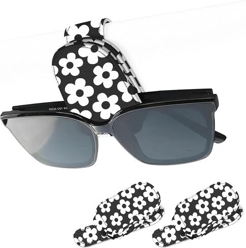 عبوتان من حامل النظارات الشمسية الجلدي المغناطيسي، مشبك تعليق نظارات السيارة المغناطيسي العالمي للنظارات بأحجام مختلفة، وإكسسوارات واقي السيارة (زهور سوداء) in Kuwait