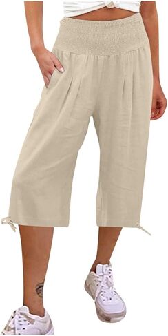 Linen Pants for Women 2026 Summer Linen Capri Pants Wide Leg High Waisted Drawstring Casual Cropped Pants with Pockets in Saudi Arabia