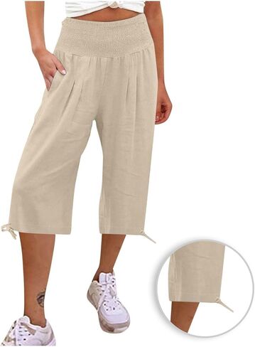 Linen Pants for Women 2026 Summer Linen Capri Pants Wide Leg High Waisted Drawstring Casual Cropped Pants with Pockets in Saudi Arabia