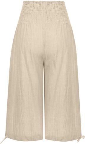 Linen Pants for Women 2026 Summer Linen Capri Pants Wide Leg High Waisted Drawstring Casual Cropped Pants with Pockets in Saudi Arabia