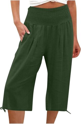Linen Pants for Women Cotton Linen Palazzo Pants Drawstring Elastic Waist Casual Wide Leg Cropped Pants with Pockets in Saudi Arabia