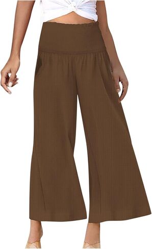 Linen Capri Pants for Women 2026 Wide Leg with Drawstring Elastic Waist Casual Cropped Pants Summer Vacation Outfits in Saudi Arabia