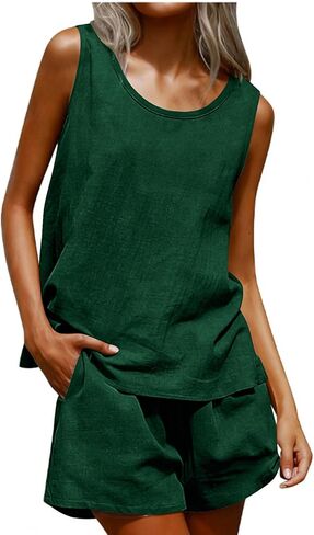Linen Short Sets for Women Cotton Linen Sleeveless Tank Tops Shorts Set Summer Outfits High Waisted Shorts Lounge Sets in Saudi Arabia
