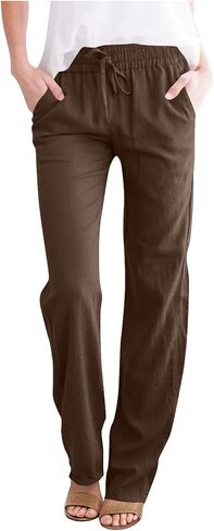 Linen Pants for Women Linen Blend Drawstring Relaxed Fit Wide Leg Pant Drawstring Waist Casual Trousers with Pockets in Saudi Arabia