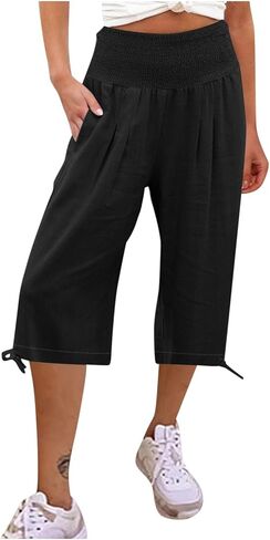 Linen Pants for Women 2026 Summer Linen Capri Pants Wide Leg High Waisted Drawstring Casual Cropped Pants with Pockets in Saudi Arabia