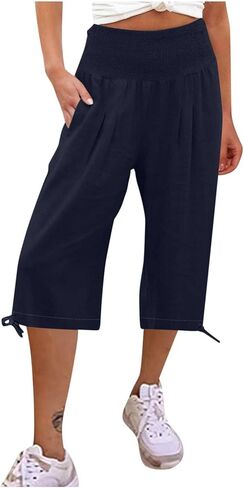 Linen Pants for Women 2026 Summer Linen Capri Pants Wide Leg High Waisted Drawstring Casual Cropped Pants with Pockets in Saudi Arabia
