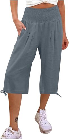 Linen Pants for Women 2026 Summer Linen Capri Pants Wide Leg High Waisted Drawstring Casual Cropped Pants with Pockets in Saudi Arabia