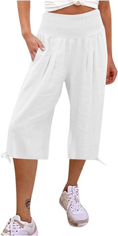 Linen Pants for Women 2026 Summer Linen Capri Pants Wide Leg High Waisted Drawstring Casual Cropped Pants with Pockets in Saudi Arabia