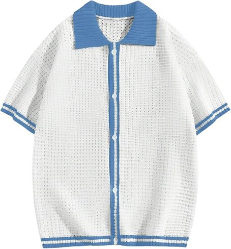 Men's Short Sleeve Pullover Sweaters Contrast Binding Collar Button Down Knit Top in Saudi Arabia