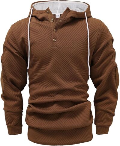 Men's Modern Textured Pullover, Casual Button Collar Long Sleeve Hooded Top for Everyday Wear in Saudi Arabia