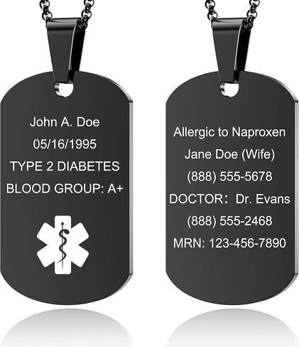 قلادة تنبيه طبية مخصصة للرجال والنساء - قلادة من الفولاذ المقاوم للصدأ محفورة خصيصًا للحساسية والاتصالات في حالات الطوارئ - فضي in Kuwait