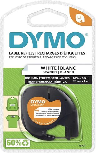DYMO 18771 LT Iron-On Fabric Labels, 1/2-Inch x 6.5-Foot Roll, Black Print on White, Iron On, for LetraTag Printers in Kuwait