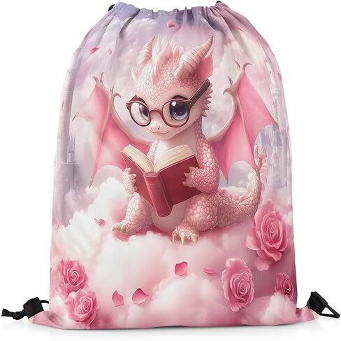 Western Dragon Couple Drawstring Backpack,Japanese Cherry Blossom Large Capacity Sackpack Bag,Pastel Pink Castle Lightweight Draw String Bag in Saudi Arabia