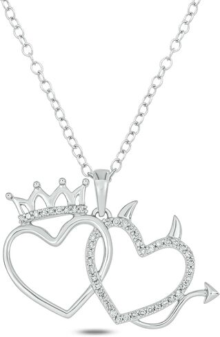 Cali Trove Diamond Double Heart Pendant Necklace for Women | 1/6 Ct Natural Diamonds | Crown & Devil Horns Symbolic Design | 925 Sterling Silver | Trendy Charms | Silver Accessories| Gifts for Her in Saudi Arabia
