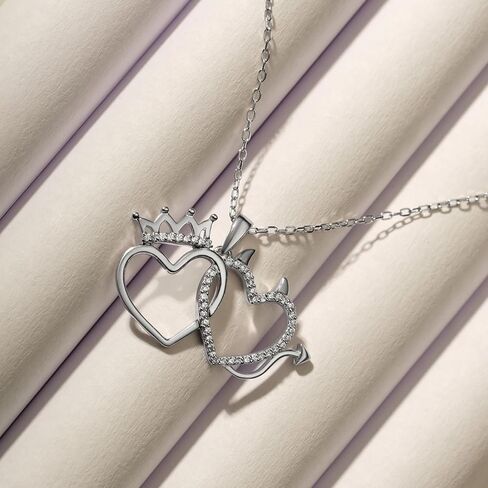 Cali Trove Diamond Double Heart Pendant Necklace for Women | 1/6 Ct Natural Diamonds | Crown & Devil Horns Symbolic Design | 925 Sterling Silver | Trendy Charms | Silver Accessories| Gifts for Her in Saudi Arabia