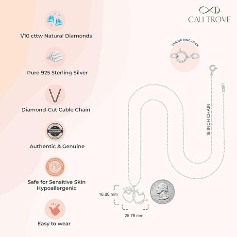Cali Trove Diamond Double Heart Pendant Necklace for Women | 1/6 Ct Natural Diamonds | Crown & Devil Horns Symbolic Design | 925 Sterling Silver | Trendy Charms | Silver Accessories| Gifts for Her in Saudi Arabia