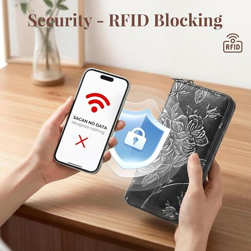 محفظة نسائية بحامل بطاقات الائتمان RFID من الجلد النباتي المنقوش بسعة كبيرة باللون الأسود للنساء in Kuwait