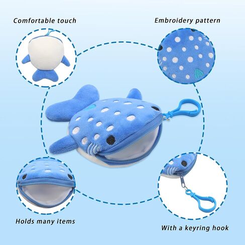 محفظة للعملات المعدنية على شكل قرش الحوت مكونة من 6 ألوان، محفظة على شكل قرش لطيف، حقيبة عملات معدنية من القطيفة على شكل سلسلة مفاتيح مع سحاب، محفظة سمكة صغيرة مع خطاف مزدوج الحلقة للنساء (6 قطع) in Kuwait