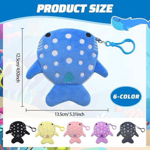 محفظة للعملات المعدنية على شكل قرش الحوت مكونة من 6 ألوان، محفظة على شكل قرش لطيف، حقيبة عملات معدنية من القطيفة على شكل سلسلة مفاتيح مع سحاب، محفظة سمكة صغيرة مع خطاف مزدوج الحلقة للنساء (6 قطع) in Kuwait