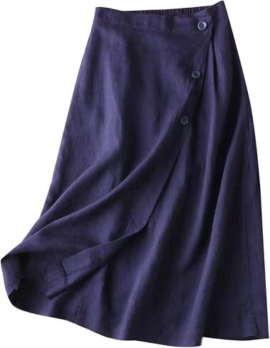 Linen Skirts for Women Summer Casual Cotton A Line Elastic High Waisted Swing Button Front Midi Skirt in Saudi Arabia