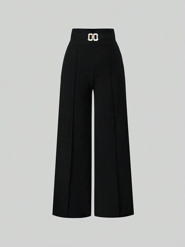 Women's High-Waisted Wide-Leg Pants Black Formal Trousers with Gold Buckle in Kuwait