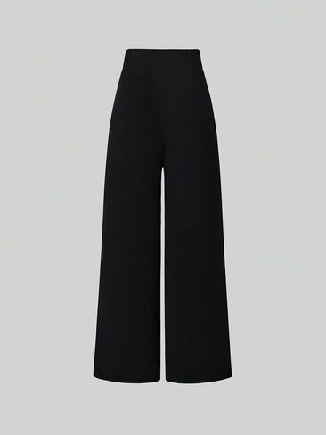 Women's High-Waisted Wide-Leg Pants Black Formal Trousers with Gold Buckle in Kuwait