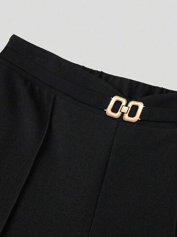 Women's High-Waisted Wide-Leg Pants Black Formal Trousers with Gold Buckle in Kuwait