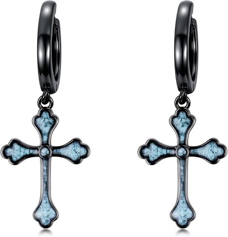 SIMONLY Black Sword/Cross Earrings 925 Sterling Silver Hoop Pendant Earrings Cross Jewelry Gift for Men Women Unisex in Saudi Arabia