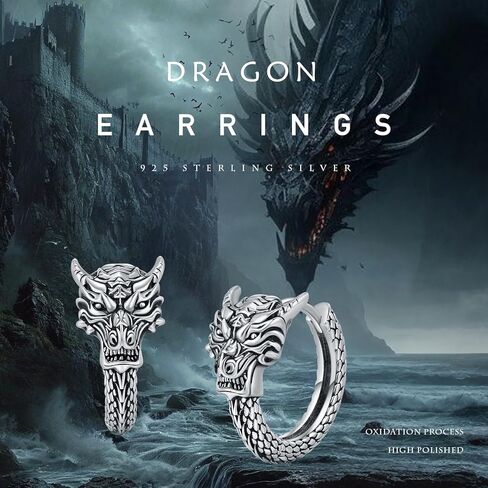 MEDWISE Dragon Hoop Earrings S925 Sterling Silver Punk Huggie Hoop Earrings Oxidation Dragon Hypoallergenic Viking Dragon Jewelry for Men Women Friend Birthday Gift in Saudi Arabia