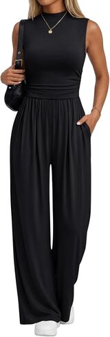 Trendy Queen Women's Wide Leg Jumpsuit - Sleeveless Mock Neck Palazzo Romper with Pockets, Casual Summer Outfits in Saudi Arabia