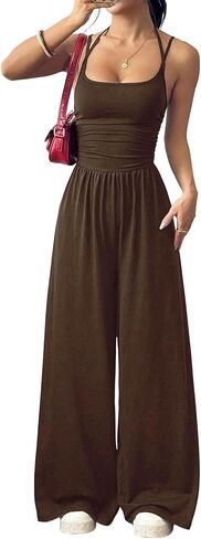 Women’s Wide Leg Jumpsuit, Backless Spaghetti Strap Sleeveless One Piece Outfit, Dressy Casual for Vacation in Saudi Arabia