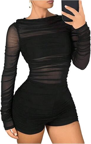 Milumia Women's Sexy Sheer Mesh Long Sleeve Romper Ruched Bodycon Party Club Jumpsuit Shorts in Saudi Arabia