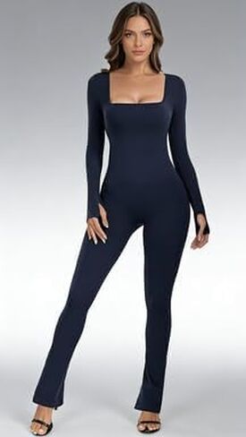 Square Neck Wide Leg Jumpsuit – Women's Long Sleeve Bodycon Unitard, Full Length in Saudi Arabia