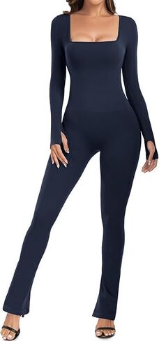 Square Neck Wide Leg Jumpsuit – Women's Long Sleeve Bodycon Unitard, Full Length in Saudi Arabia