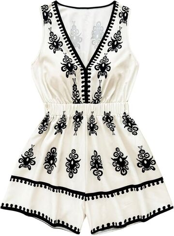 SweatyRocks Women's Boho Wide Leg Short Rompers Graphic V Neck Sleeveless Beach Vacation Jumpsuits in Saudi Arabia