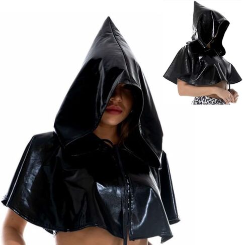 Shiny Metallic Holographic Hooded Short Cape Glitter Hooded Cloak Costumes for Party Halloween Witch Pagan Poncho in Saudi Arabia