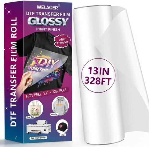 لفة فيلم نقل DTF، مقاس 13 بوصة × 328 قدمًا - لمسة نهائية لامعة للنقل، فيلم PET مطلي على الوجهين، متوافق مع التقشير الساخن والبارد in Kuwait