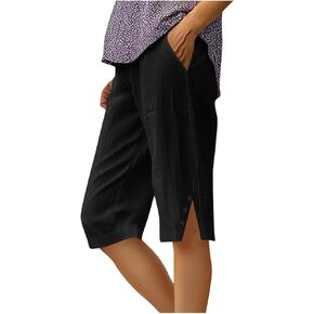 شورت كتان للنساء شورت برمودا بطول الركبة، سروال قصير صيفي كاجوال بخصر مطاطي وأزرار جانبية in Kuwait