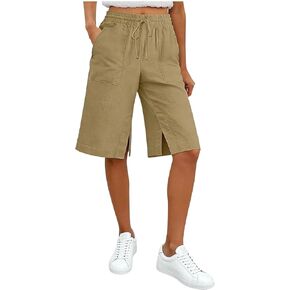 JIEMUXIU شورت بيرمودا للنساء الصيف عادية فضفاض الكتان السراويل مرونة الخصر اقتصاص بنطلون الشاطئ عطلة سراويل قصيرة in Kuwait