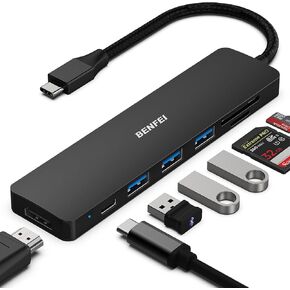 BENFEI 5in1 USB C Hub مع 4K HDMI، 3 USB-A، توصيل طاقة 100 واط، كابل تصميم منسوج من السيليكون، حافظة ألومنيوم متوافقة مع MacBook Pro/Air، iPad Pro، iMac، iPhone 15 Pro/Pro Max، XPS، Thinkpad in Kuwait
