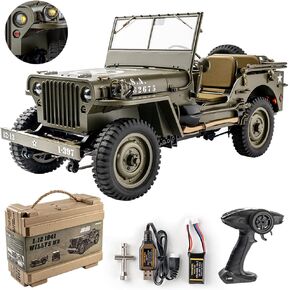 FMS Rochobby RC Car 112 1941 MB Scaler Willys Jeep للتحكم عن بعد الزاحف شاحنة عسكرية 4x4 مركبة للطرق الوعرة مع بطارية جهاز إرسال وشاحن، صغير، RC12001RTR Hunter Green in Kuwait