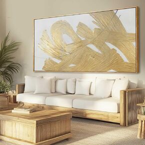 XIANSHOU White and Gold Wall Painting Neutral Wall Decor Modern Abstract Wall Art Minimalist Art 29"x58" Artwork for Living Room Kitchen Dining Room in Saudi Arabia