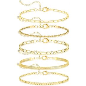 14K Gold Plated Bracelets for Women, Dainty Adjustable Stackable Bracelet Set with Beads, Cuban, Paperclip, Herringbone, Figaro, Snake, Rope & Box Chain, Trendy Jewelry Gift for Her in Kuwait