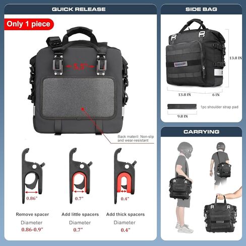 حقيبة سرج الدراجة النارية من وحيد القرن مقاومة للماء، حزمة أمتعة للمحرك سريعة الإصدار، حقيبة جانبية للدراجة النارية 20 لتر تناسب معظم رفوف الدراجات النارية والمغامرات الرياضية (أسود، عبوة واحدة) in Kuwait