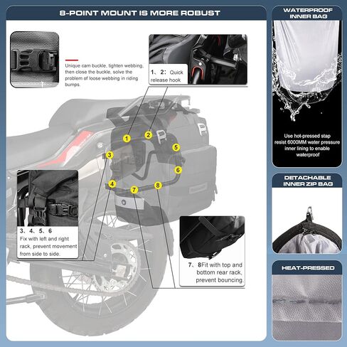 حقيبة سرج الدراجة النارية من وحيد القرن مقاومة للماء، حزمة أمتعة للمحرك سريعة الإصدار، حقيبة جانبية للدراجة النارية 20 لتر تناسب معظم رفوف الدراجات النارية والمغامرات الرياضية (أسود، عبوة واحدة) in Kuwait