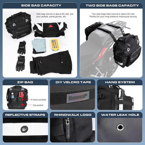 حقيبة سرج الدراجة النارية من وحيد القرن مقاومة للماء، حزمة أمتعة للمحرك سريعة الإصدار، حقيبة جانبية للدراجة النارية 20 لتر تناسب معظم رفوف الدراجات النارية والمغامرات الرياضية (أسود، عبوة واحدة) in Kuwait