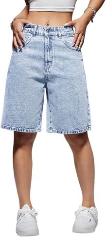 Lei sure Women's Casual Summer Denim Bermuda Shorts High Waisted Stretchy Trendy Jean Shorts with Pockets Denim in Saudi Arabia