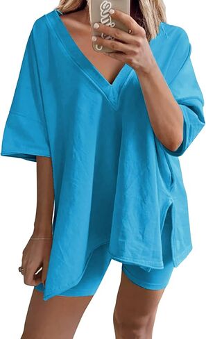 2 Two Piece Outfits for Women Summer Oversized Workout V Neck T Shirts Biker Shorts Matching Sets(Brown-M) in Kuwait